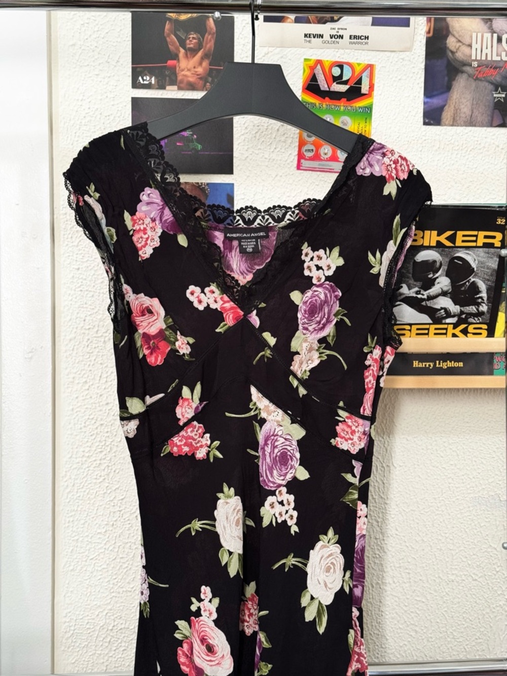 American Angel Black Floral Midi Dress Lace Trim Rayon